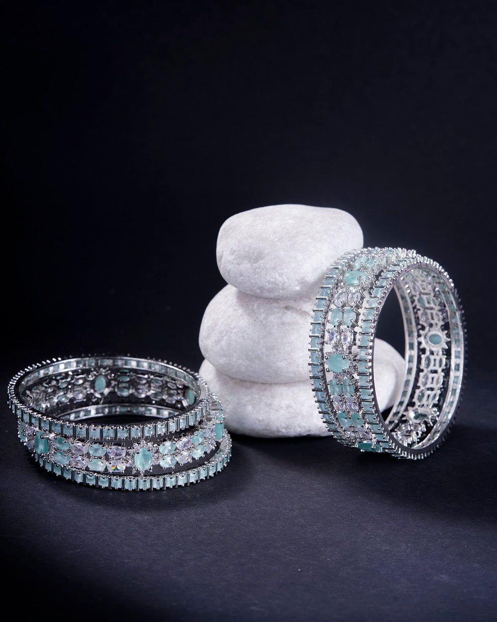 Enchanting  Whispers Bangles (Pack of 6)-Mint Green / Rhodium / 2.4