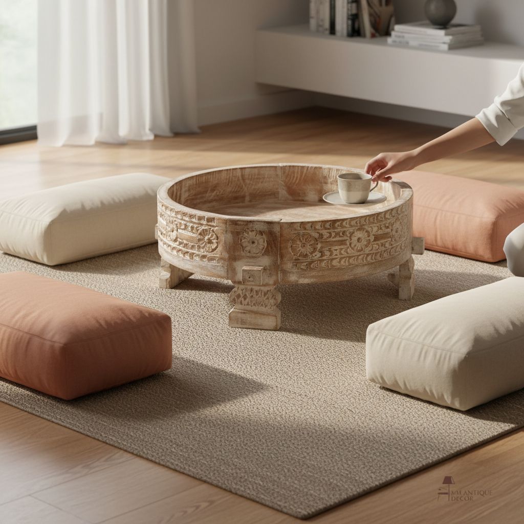 Amazing Wooden Round Indian Carving Bowl | Unique Chakki Stool with Storage