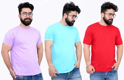 Tru Threads Solid Premium T-Shirt 3 Pcs Combo - Cyan, Lavender, Red (Size-M)