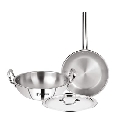 Bergner Tripro TriPly Stainless Steel 3Pcs Cookware Set- 24 cm (3 Liters) Indian Wok/Kadai with Lid, 22 cm (1.5 Liters) Frypan, Fast and Event Heating, Induction Bottom and Gas Stove Ready