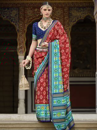 Red  Soft Silk Woven Printed Patola Designed Saree