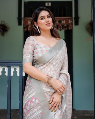 Soft Grey Pure Cotton Linen Saree with Pink and White Ikat Design, Blouse, and Tassel Detailing-Regular