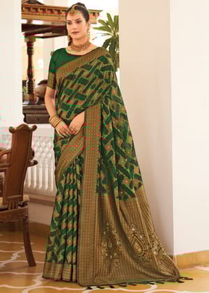 Forest Green Woven Banarasi Cotton Silk Saree