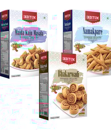 Indiyum Maida Namkeen Snacks Combo Maida Kaju Masala 400g Namakpare 300g Bakarwadi 300g