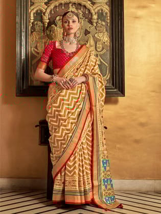 Mustard Soft Silk Chevron Pattern With Foil Printed Patola Saree
