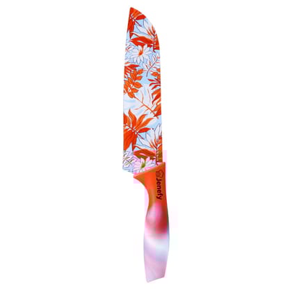Jenefy Ultra Sharp Knife with prints of protective sheath Chef Knife Japanese Santoku Knife with Non stick coating Non Slip Ergonomic Handle & Blade Cover Food grade High carbon Stainless Steel Red