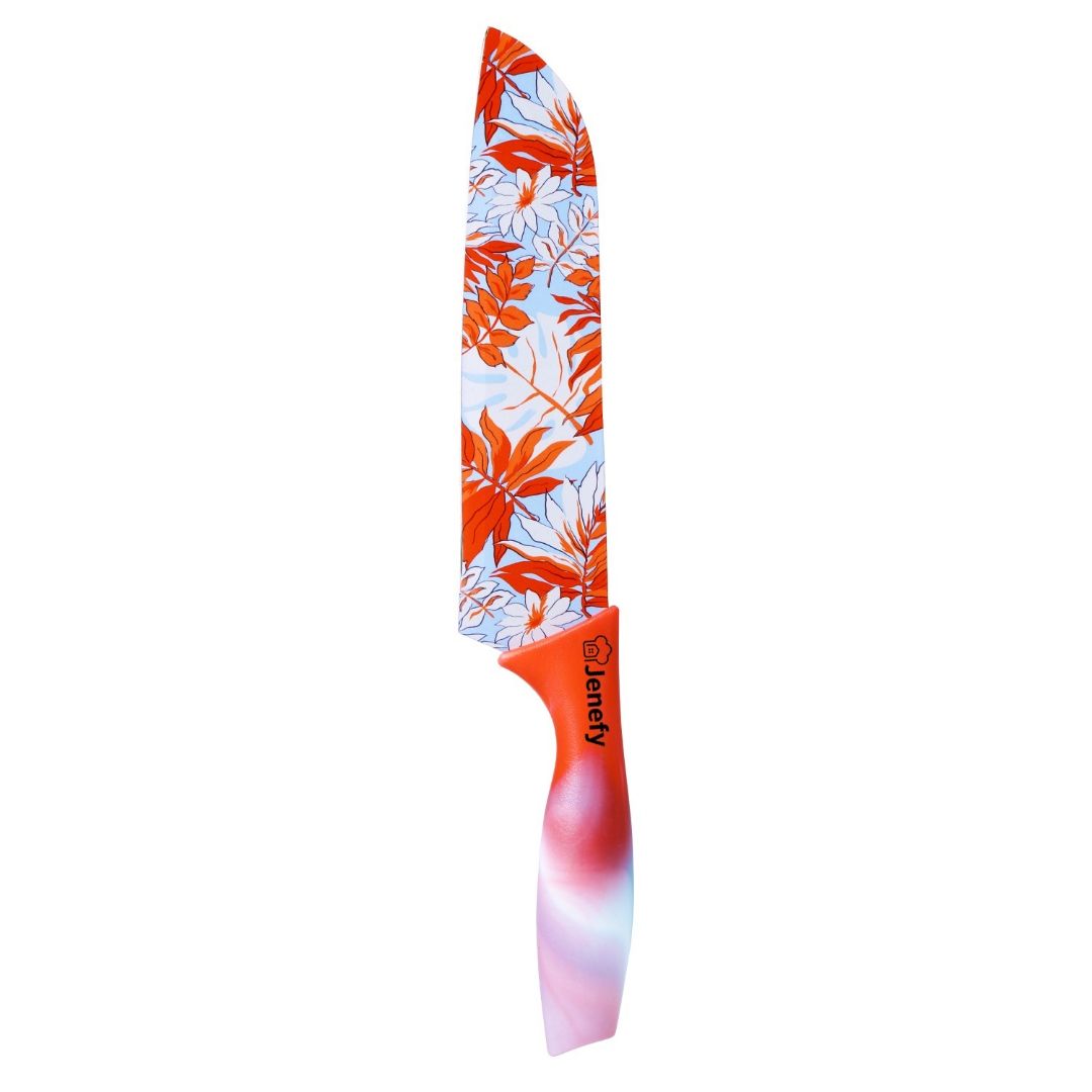 Jenefy Ultra Sharp Knife with prints of protective sheath Chef Knife Japanese Santoku Knife with Non stick coating Non Slip Ergonomic Handle & Blade Cover Food grade High carbon Stainless Steel Red