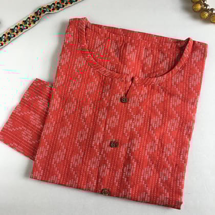 Katha Work  Short  Kurti  - Red - Pure Cotton-38 - M