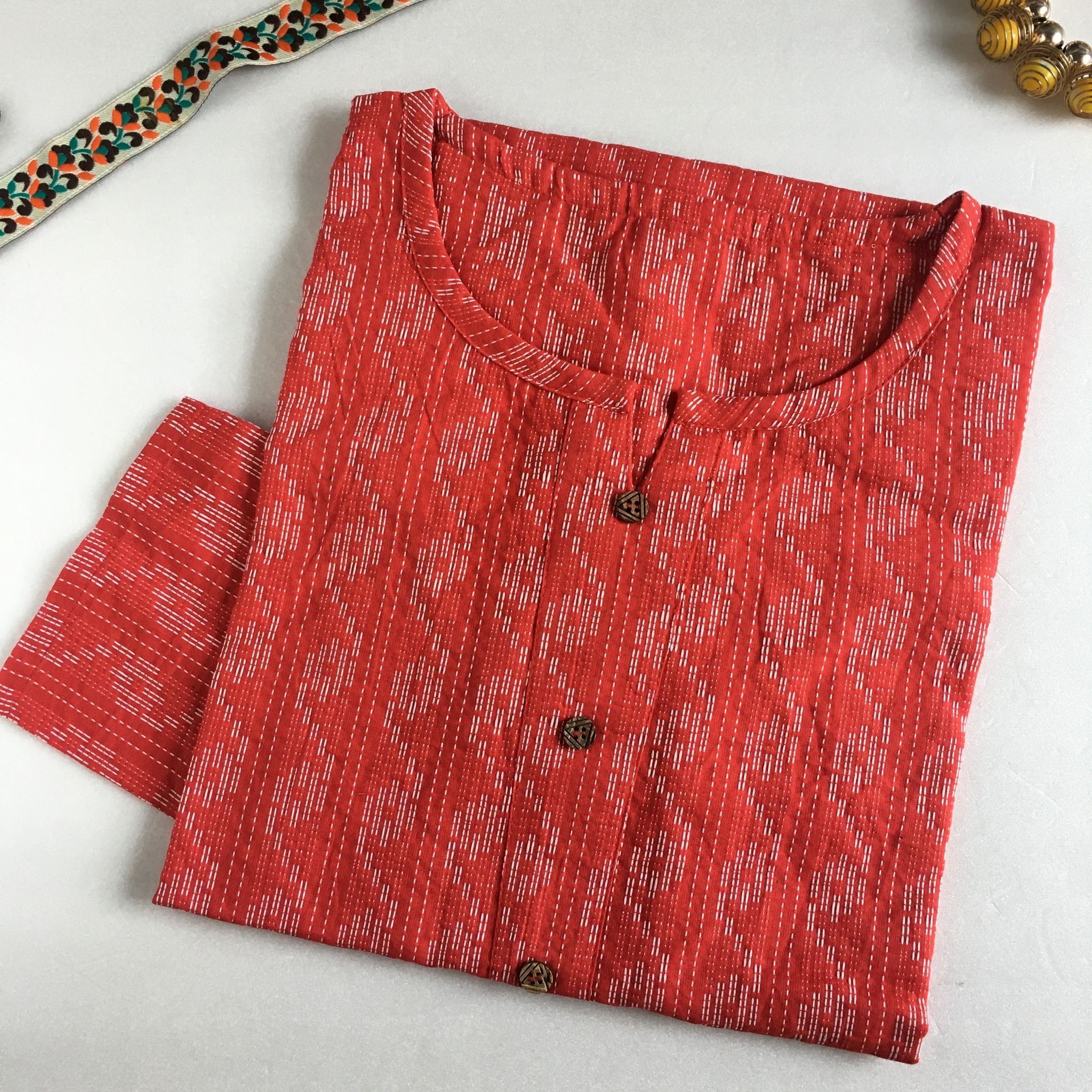 Katha Work  Short  Kurti  - Red - Pure Cotton-38 - M