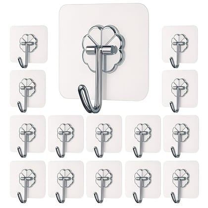 Self Adhesive Wall Hooks - Heavy Duty Wall Hooks for Hanging | Nail Free Sticky Hooks for Wall Heavy Items Without Drilling, Transparent Wall Hanger Hook (15)