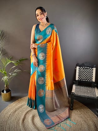 Orange Soft Silk Butti Zari Weaving Work Banarasi Saree