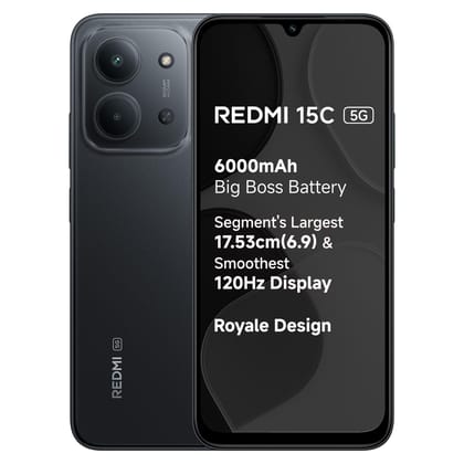REDMI 15C 5G Midnight Black 4GB + 128GB | Royale Design | Massive 6000mAh Battery | Segment's Largest 17.53cm Display Up to 120Hz | MediaTek Dimensity 6300 | 33W Fast Charging | 50MP AI Dual Camera REDMI 15C 5G Midnight Black 4GB + 128GB | Royale Design 