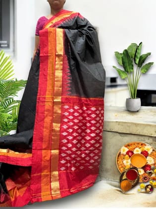Semi Pochampally Ikkat Silk Black Red Sari