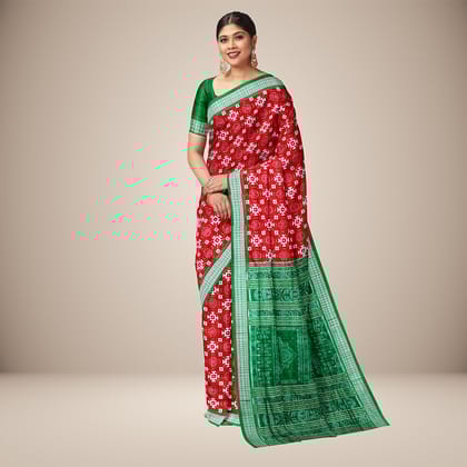 Square Design Patterned Cherry Red Sambalpuri Silk Saree