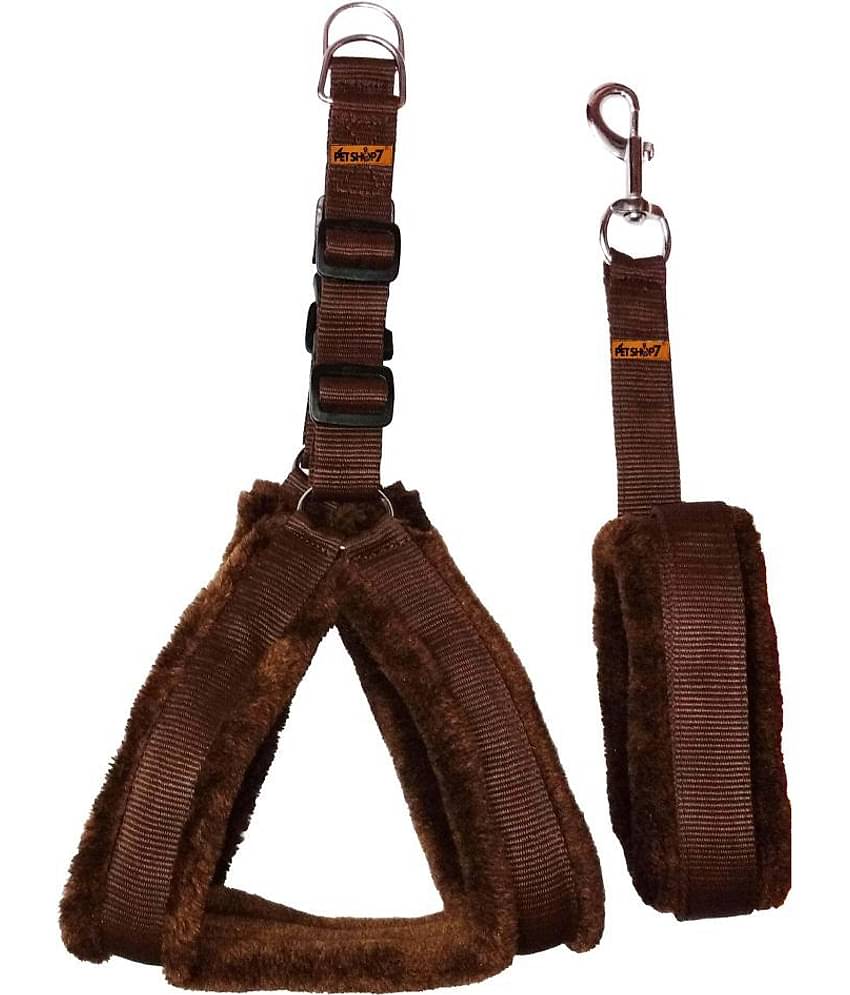 Petshop7 Premium Qualtiy Fur Padded Nylon Dog Harness & Leash 0.75 inch -Small (Chest Size - 23-28inch)-Brown
