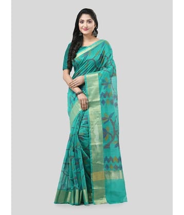 Desh Bidesh Cotton Blend Self Design Saree With Unstitched Blouse Piece ( Green )