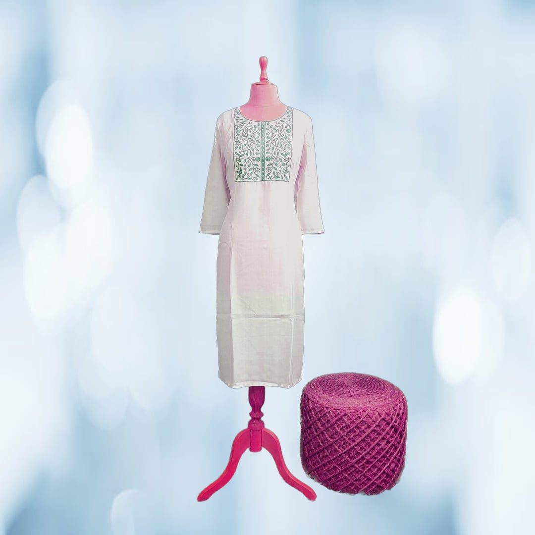 Elegant White Cotton Kurti with Green Floral Embroidery | Breathable Ethnic Wear | Casual & Festive