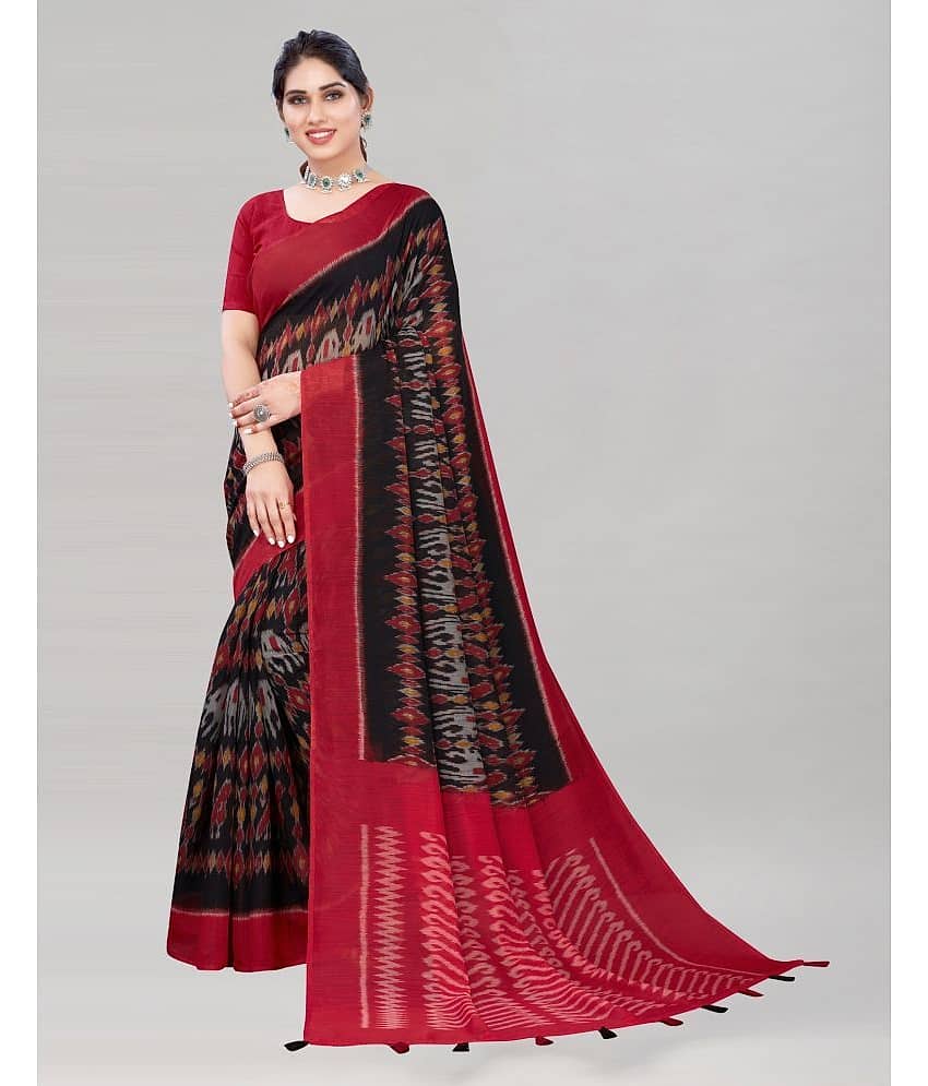 Samah Cotton Printed Saree With Unstitched Blouse Piece ( Black )