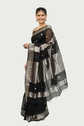 Inky Black Maheshwari handloom Saree with Tassels Inky Black Maheshwari handloom Saree with Tassels