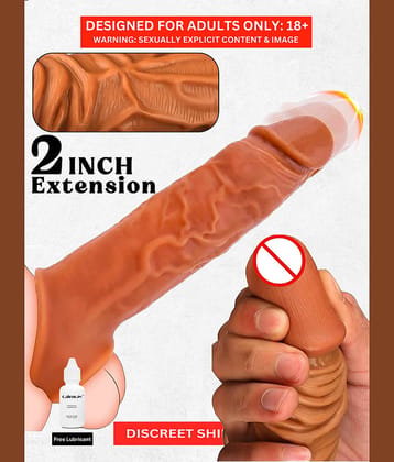 Brown Color Silicon Made Reuseable Penis Cover With Real Like Details And Instant 2 Inch Size Increase Sex Toy For Men By Naughty Nights + Free Kaamraj Lubricant