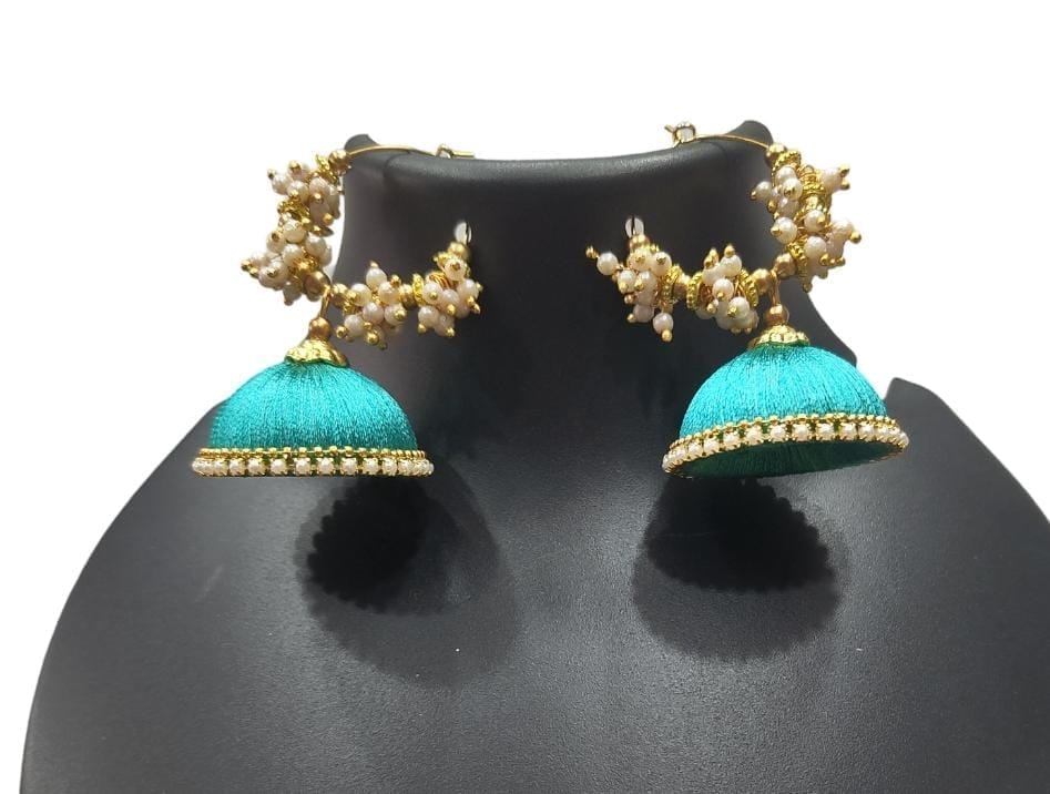 "Stunning Aqua Blue Silk Thread Jhumka Earrings with Pearl Beads for Women"