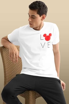 New Trendy Mens White Polyester Relaxed Fit T-Shirt, Minimal Mickey Mouse Chest Print, Half Sleeves Round Neck Casual Wear (Color-White Size-M)