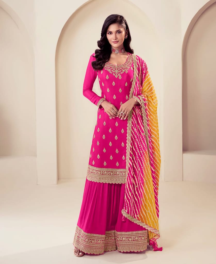 designer pink chinon straight suit for women ethnic wear