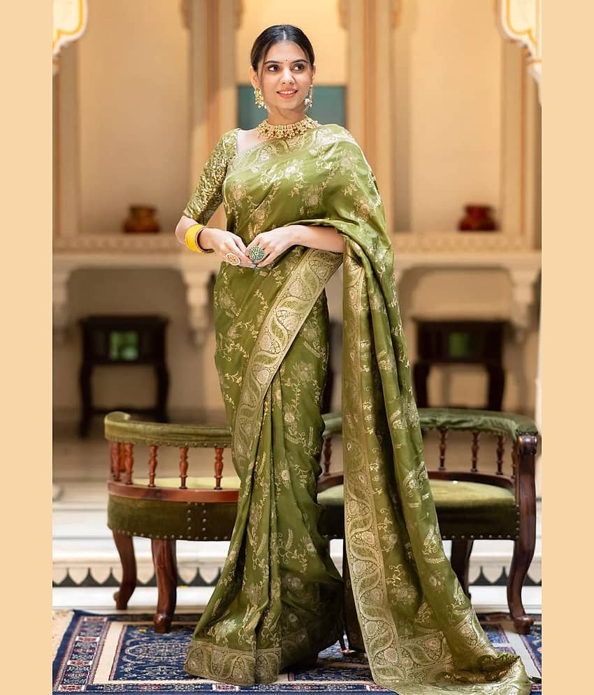 YUG ART Banarasi Silk Embellished Saree With Unstitched Blouse Piece ( Rama )