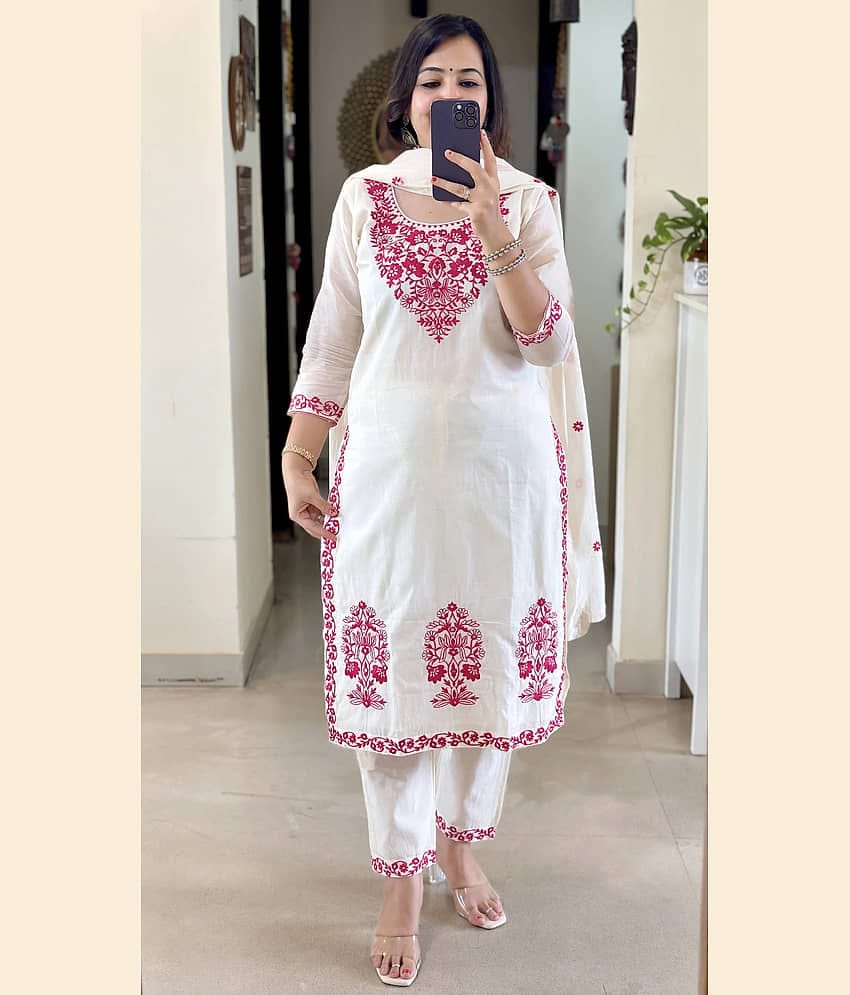 kedar fab Women Rayon Embroidered Straight Kurti With Pants ( Off White )