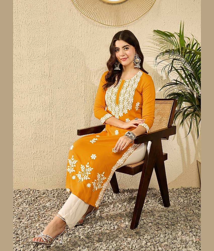 Vaamsi Pack of 1 Viscose Embroidered Straight Women's Kurti - ( Yellow )