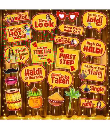 Zyozi Haldi Ceremony Photo Booth Props, Haldi Props for Bride and Family,Bride to Be Decorations Kit - Photo Booth Props & Rice Light (Pack of 23)