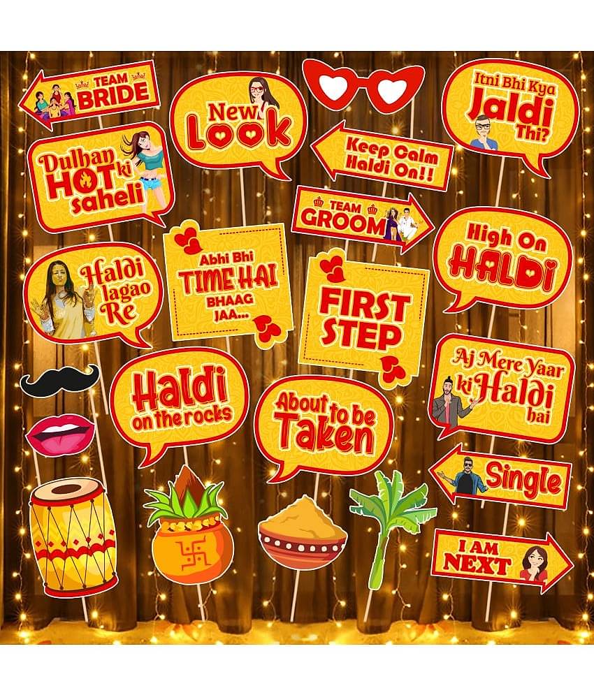 Zyozi Haldi Ceremony Photo Booth Props, Haldi Props for Bride and Family,Bride to Be Decorations Kit - Photo Booth Props & Rice Light (Pack of 23)