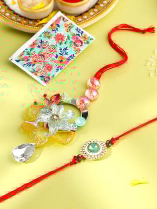 NVR Multicolor Artificial Stones & Beads Set of 2 Bhaiya Bhabhi Rakhi with Roli Chawal Chandan & Mishri-One Size / Multicolor