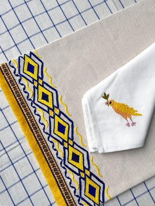 KRI India The Minimalist Yellow & Navy Fringed Table Placemats Set|Set of 4|12x17.5 inches placemat | Ivory with Yellow & Navy Blue embroidery  | Wash & Care | 100% Cotton | Handcrafted in India. 100% organic & natural.