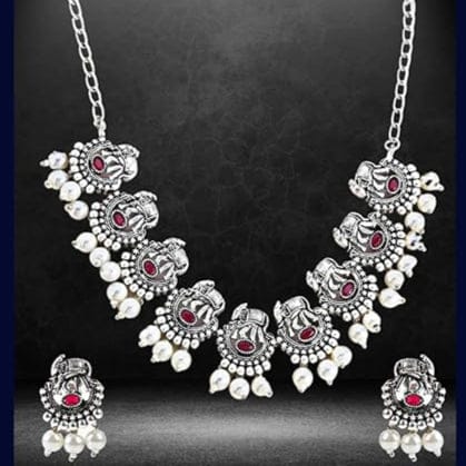 Oxidized Silver Lakshmi Temple Necklace Set with Ruby & Pearl Drops