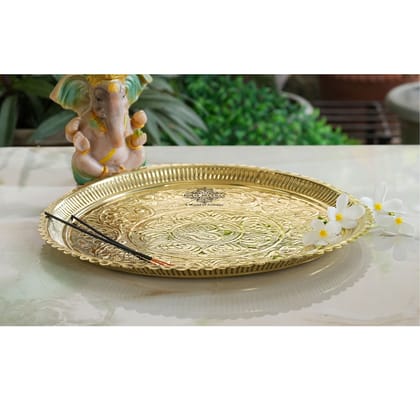 Indian Art Villa Pure Brass Om Design Pooja Thali Plate | Poojan Temple Home |Diameter 34.04 CMS