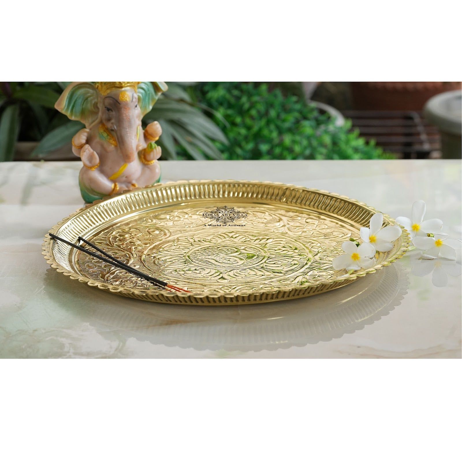 Indian Art Villa Pure Brass Om Design Pooja Thali Plate | Poojan Temple Home |Diameter 34.04 CMS