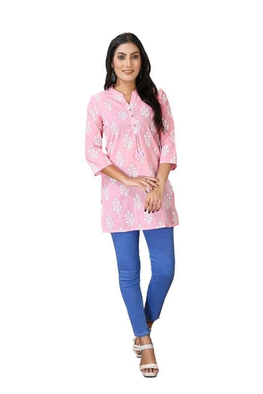 Women's Casual 3/4 Sleeve Cotton Blend Printed Kurti (Pink, M)-PID46425