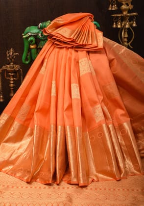 Apricot Pure Silk Kanjivaram Saree with Geometric Motifs and Wide border|SILK MARK CERTIFIED