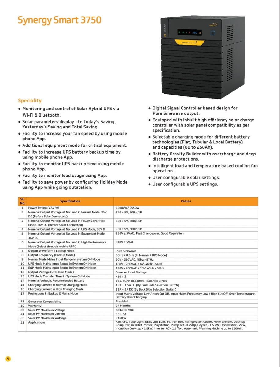 V-Guard Synergy Smart 3750 Solar Inverter (Black) | Pure Sinewave Output & Wi-Fi Control | Home & Office Power Backup