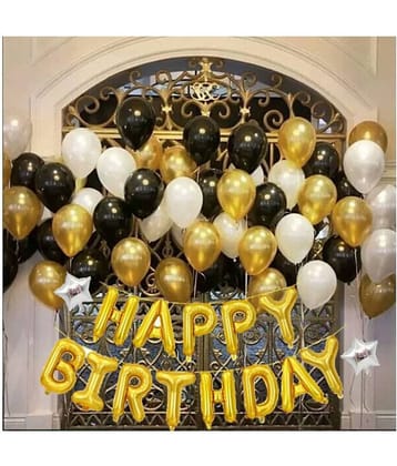 Happy Birthday Golden Foil+ 2 Star Foil (10 Inchs)(Silver)+ 30 pcs Balloonsfor happy birthday decoration item, birthday decoration kit, birthday balloon decoration combo for Boys, Girls, Kids, husband and Wife. (Silver, Golden,Black).