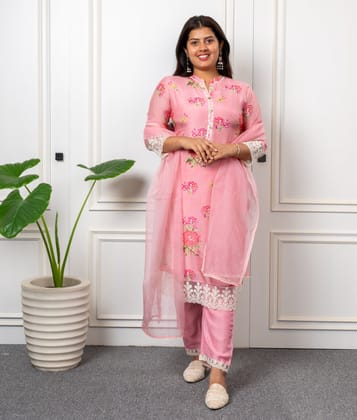 Pure muslin silk floral print kurta pant with organza dupatta-2XL