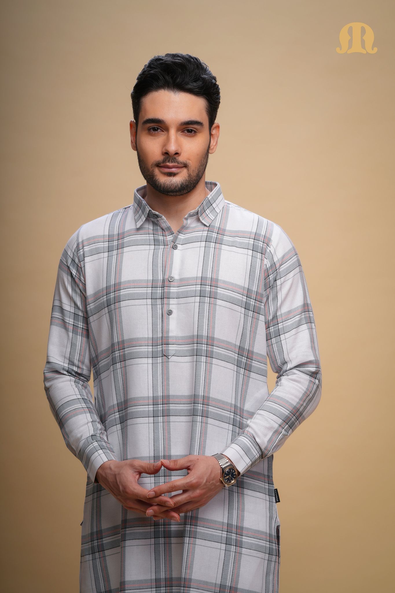 Oxen Checks Kurta White Men-S