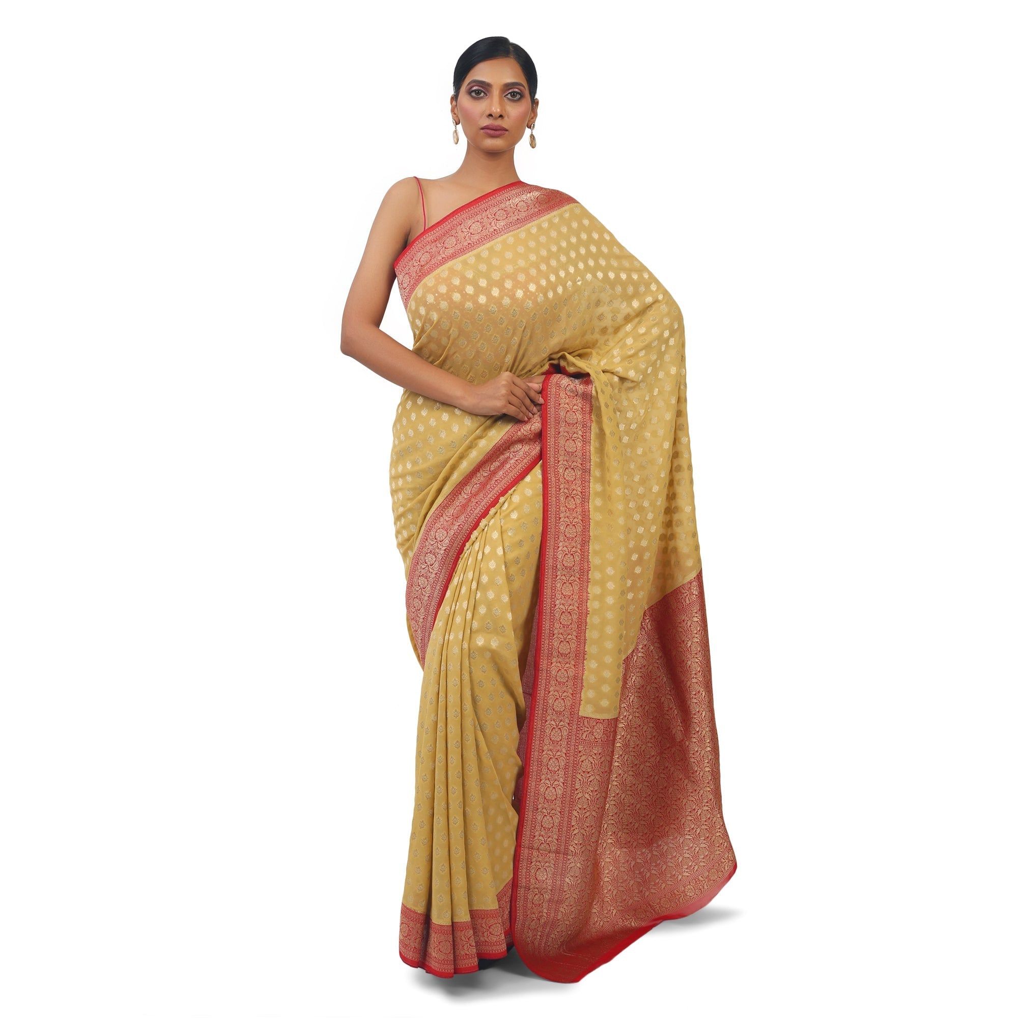 TheHangr Mehandi Colour Soft Georgette Saree With Contrast Red Boarder And Pallu