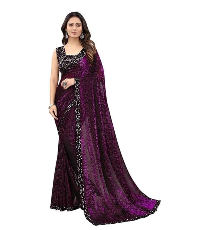 Women's licra Floral Saree With Unstitched Blouse (Wine)-PID53552