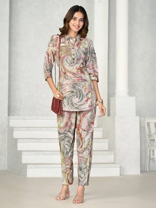 Grey Printed Muslin V-Neck Co-ord Set-S
