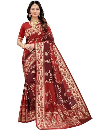 NENCY FASHION Banarasi Silk Self Design Saree With Stitched Blouse ( Red )