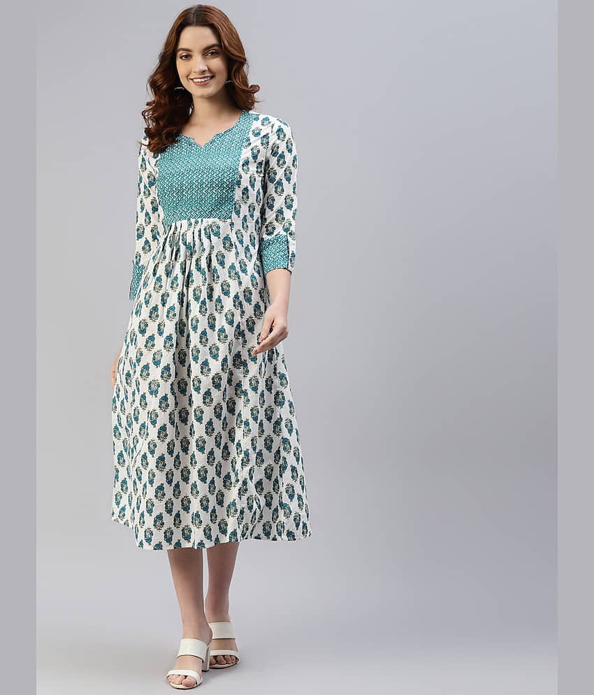 SVARCHI Women Cotton Printed Ethnic Dress ( White )