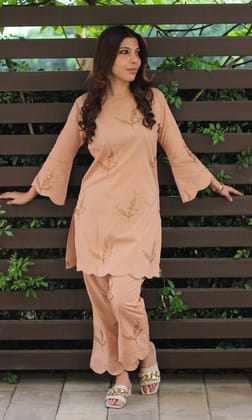 Cotton Handblock Nude Coord Set-XXS