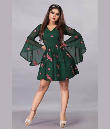 KV Fashion Women Georgette Printed Fit & Flare Dress ( Green )